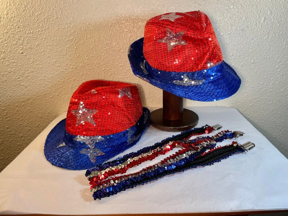 July 4th Sequins Hats & Suspenders Lighted Adult Size Red White Blue